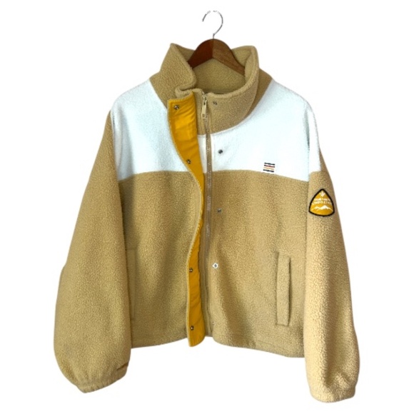 Hudson Bay HBC Stripes Beige Women's Faux Shearling Teddy Jacket Zip Up M - Picture 2 of 11